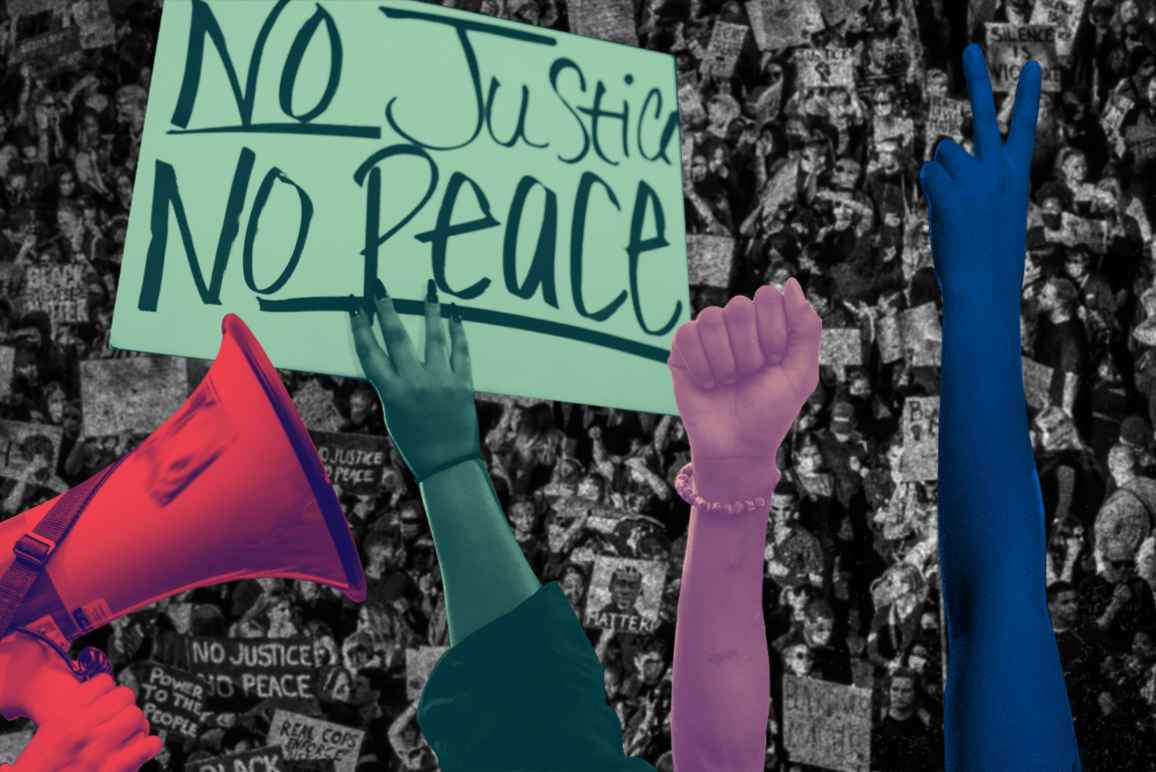 Megaphone, 'No Justice No Peace' sign, raised fist, raised peace sign over a black and white aerial photo of a protest
