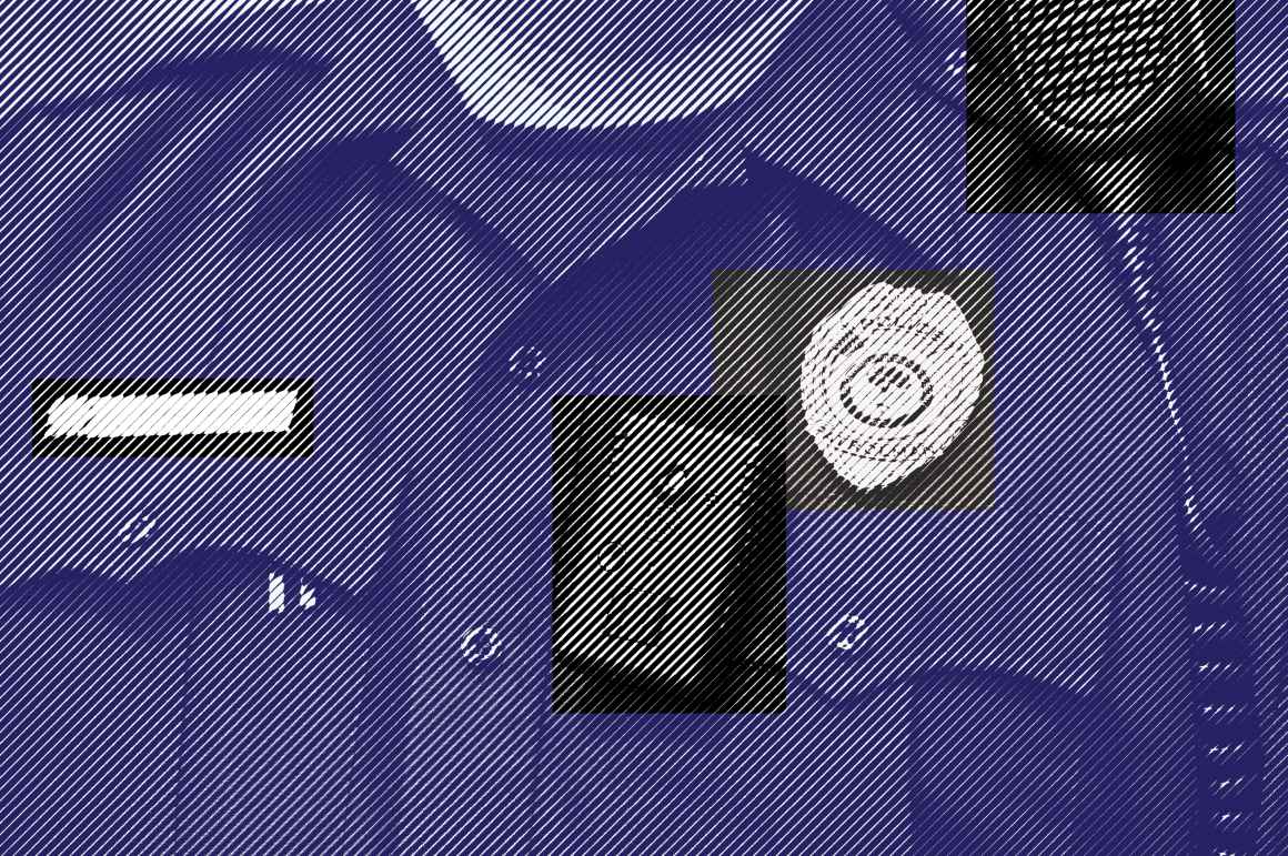 Blue and white Photograph of a police officer's chest, with the name tag, body cam, badge, and radio in black