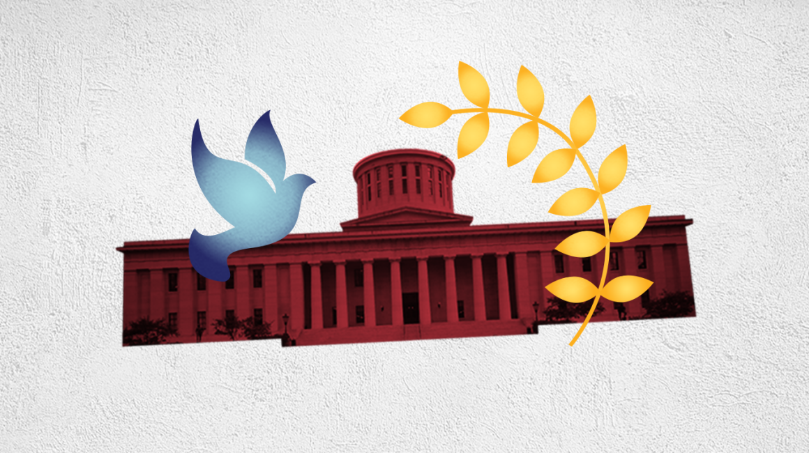 Image of the Ohio Statehouse and a blue dove