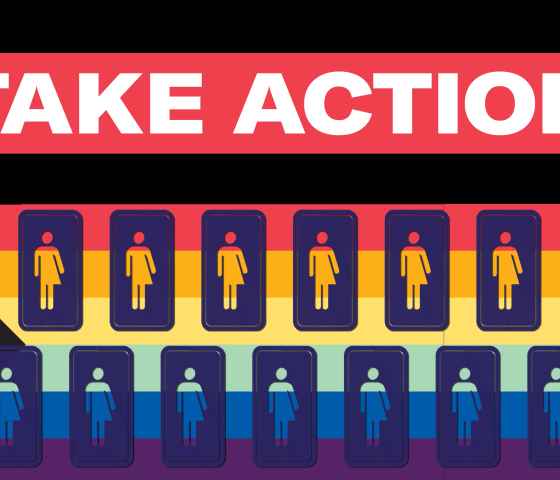 Rainbow background with restroom signs and the words "Take Action"